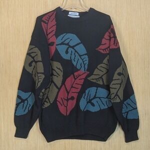 IZOD CLUB Mens Knit Sweater Large Black Leaf Hand Intarsia 100 Cotton Vtg‎ Retro